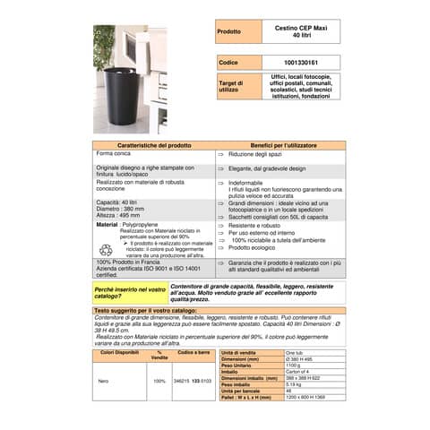 Cestino gettacarte Maxi 40 L CEP in polipropilene nero 1001330161